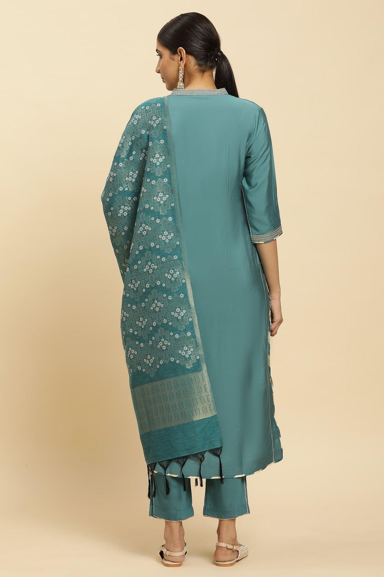 Blue Embellished Kurta, Pants And Jacquard Dupatta Set - Image 3